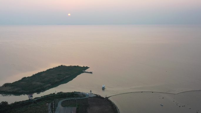 航海洪湖 洪湖游船 洪湖水  落日航拍