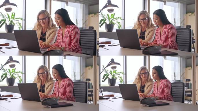 成熟的白人女性CEO和使用笔记本电脑的亚洲女性实习生