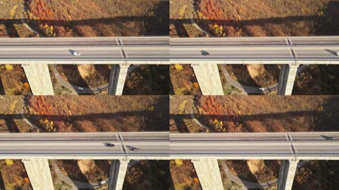 公路高架桥上的鸟瞰图。修建高速公路。