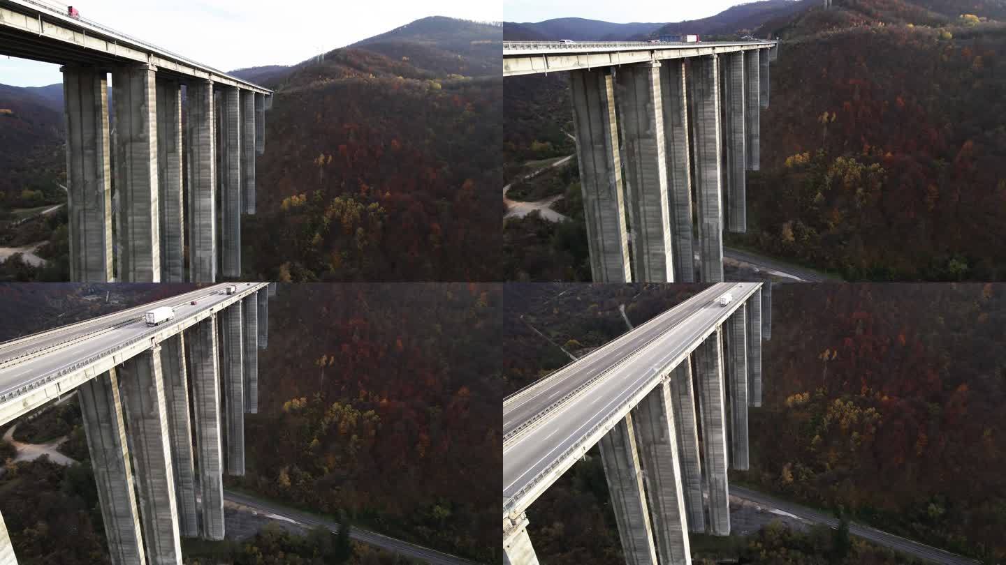 公路高架桥上的鸟瞰图。修建高速公路。