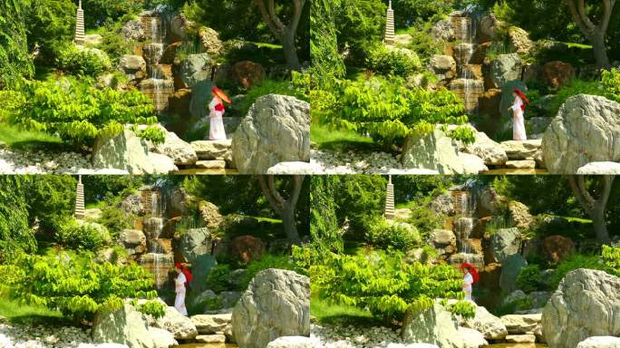 在日本花园的瀑布旁，一位身穿和服、打着伞的年轻女子