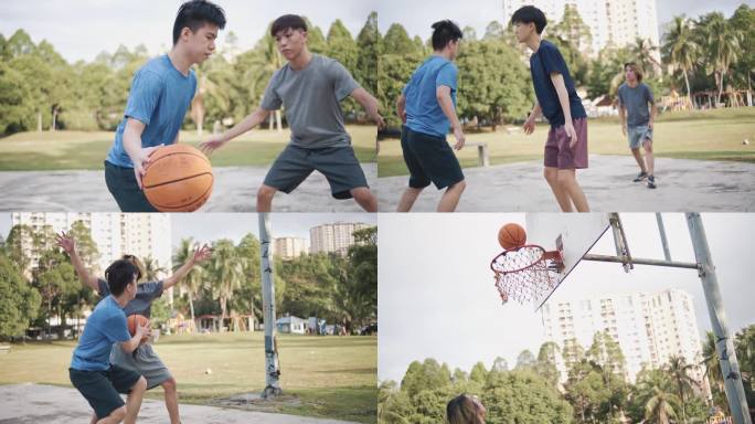 慢动作Z世代亚洲中国青少年男孩挑战球员，并在周末早晨与朋友练习篮球比赛时投篮