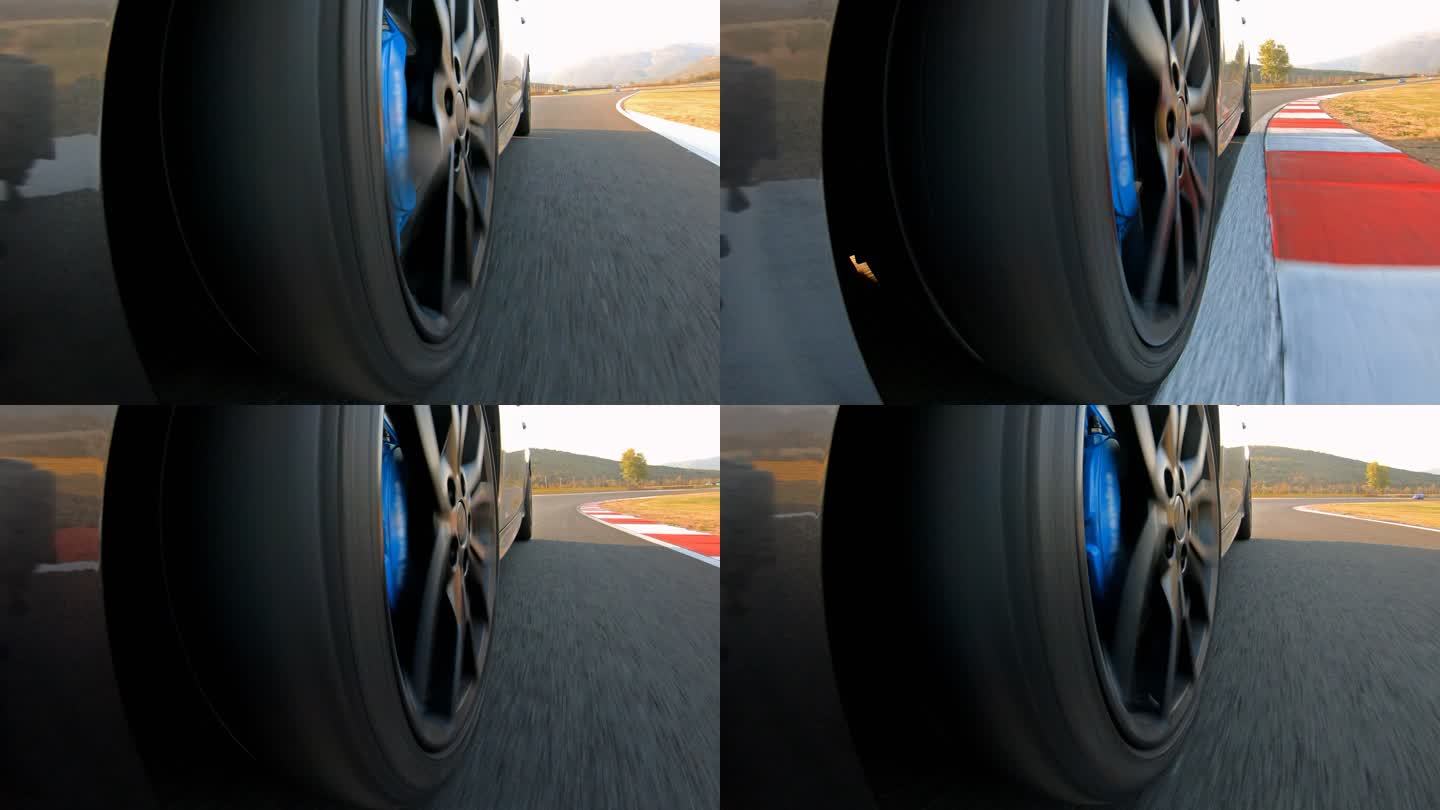 赛车赛事中追逐比赛时跑车车轮旋转的特写镜头