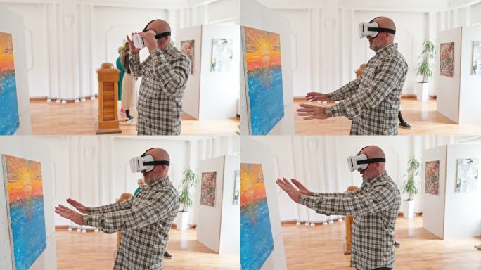 美术馆VR体验男人vr眼镜欣赏油画虚拟现
