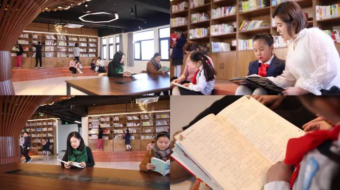 图书馆阅览室人们看书家长陪伴小朋友看书