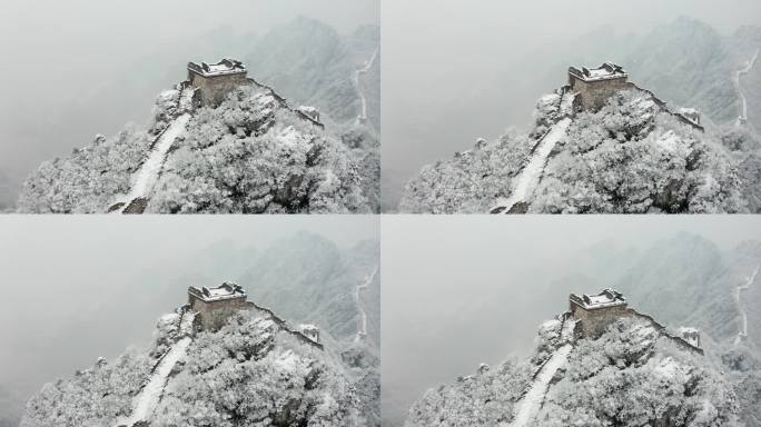 4k高清长城冬日唯美雪景雾松航拍素材