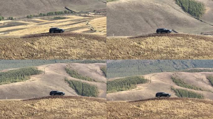 张家口航拍风车草原汽车蓝天白云