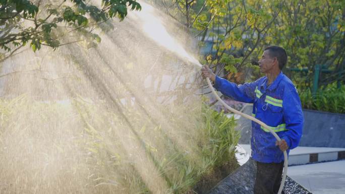 绿化园林工人浇水淋花草树木