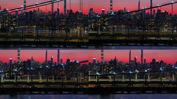曼哈顿中城在夜晚照亮了天际线。RFK大桥上的交通景观。无人机镜头与平移相机运动。