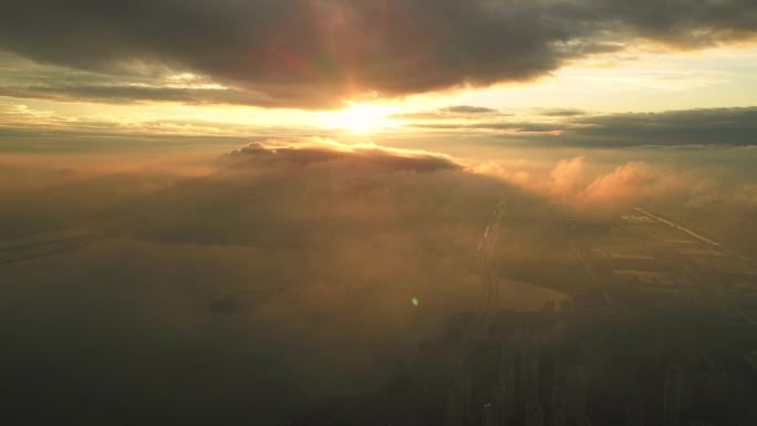 苏州园区金鸡湖日落金色时刻平流雾