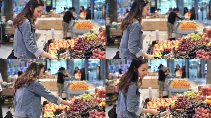 亚洲年轻女子在超市买新鲜蔬菜