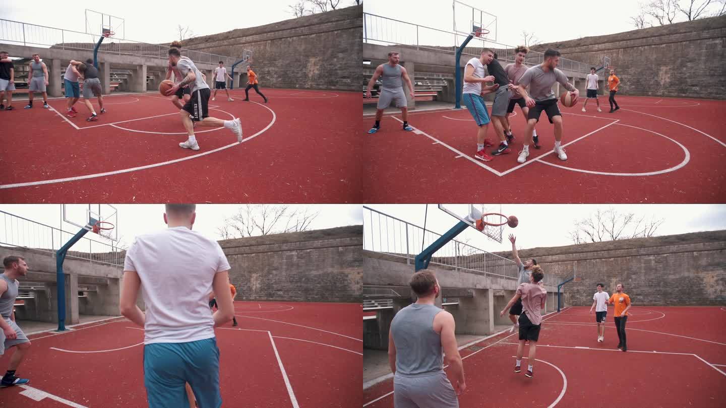 一群朋友在户外打业余篮球