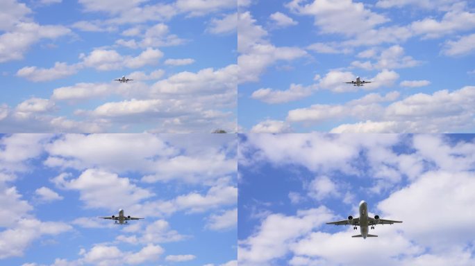 4k飞机飞过蓝天头顶航班飞机降落起飞机场