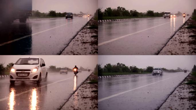 雨季公路交通下雨湿滑路面汽车驶过