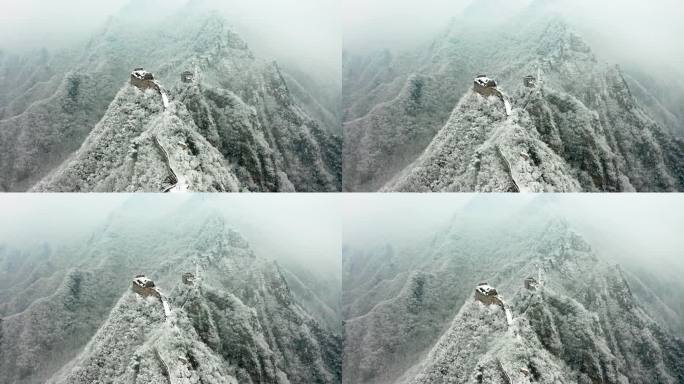 航拍险峻的中国长城雪景4k素材