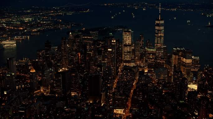 曼哈顿下城区夜间灯光照明