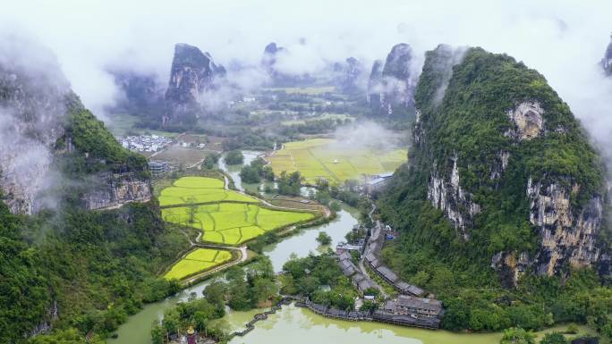 明仕田园 丰收节 水墨山水风光 明仕河