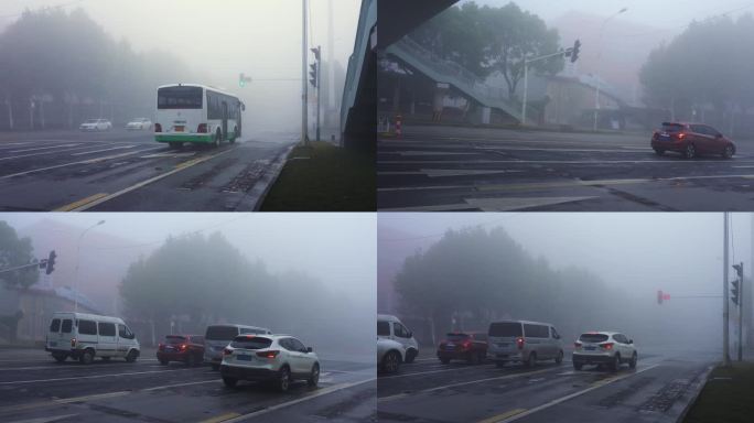 大雾笼罩城市马路