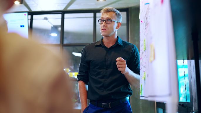 戴着白眼镜的白人男性高级业务主管，与年轻的专业人员团队一起制定业务战略和提供业务计划，在办公室中与团