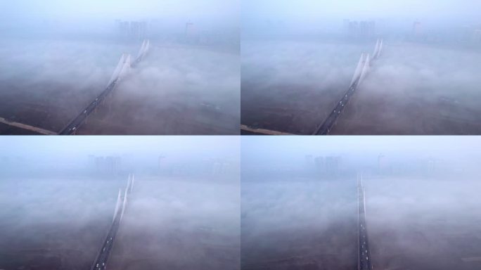 安徽省蚌埠市淮河解放桥平流雾航拍4k
