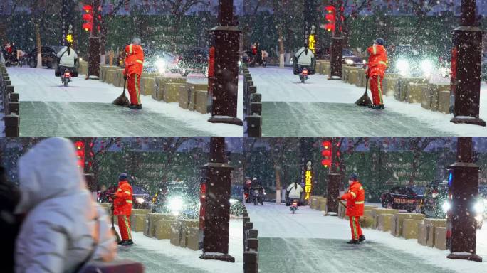 大雪中的街道行人清洁工升格慢镜头