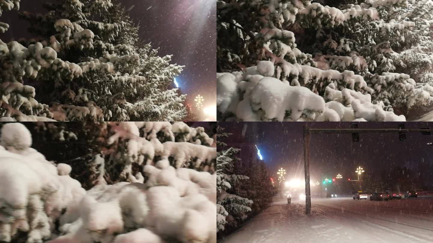 夜晚下雪的街道