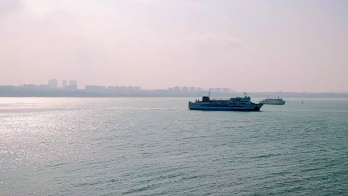 航拍海口秀英港口南海琼州海峡湛江渡轮