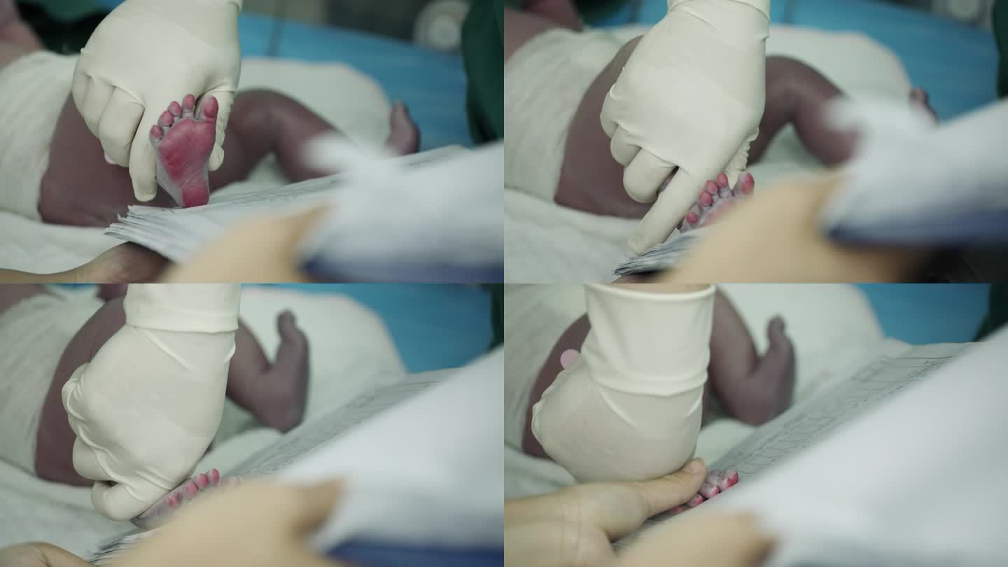 医生给新生婴儿按脚底印登记