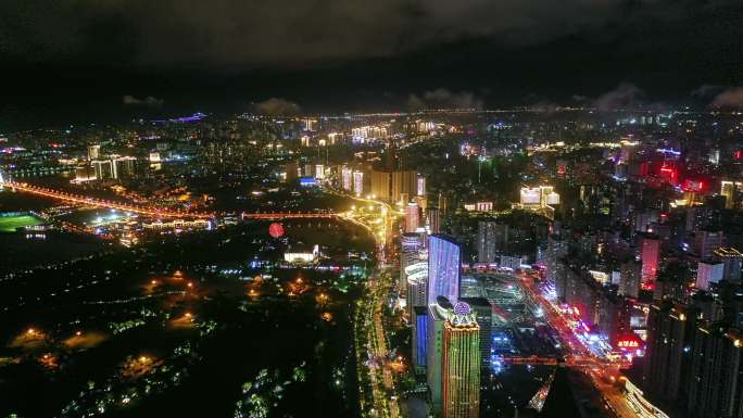 海口夜景 海口市滨海大道高楼群灯光秀