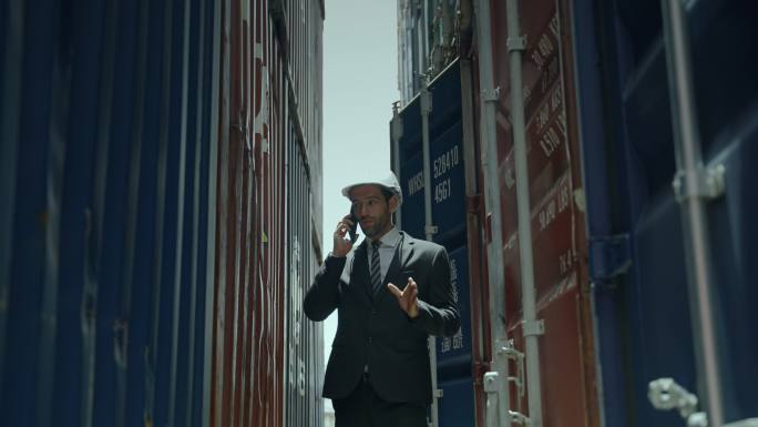商务人员一边走一边打电话联系集装箱码头货运代理业务。概念仓储、运输、出口、物流、配送
