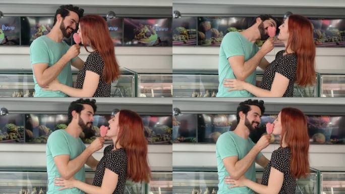 美丽的拉丁美洲情侣相爱，在冰淇淋店一起吃冰淇淋