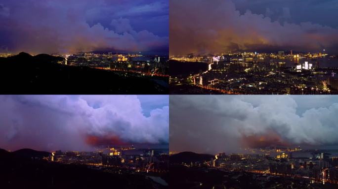 暴风雨来临城市夜景延时航拍4K