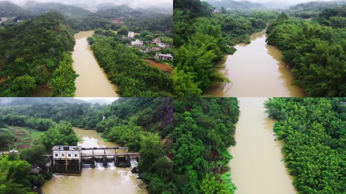 航拍雨后河流洪水涨水洪涝