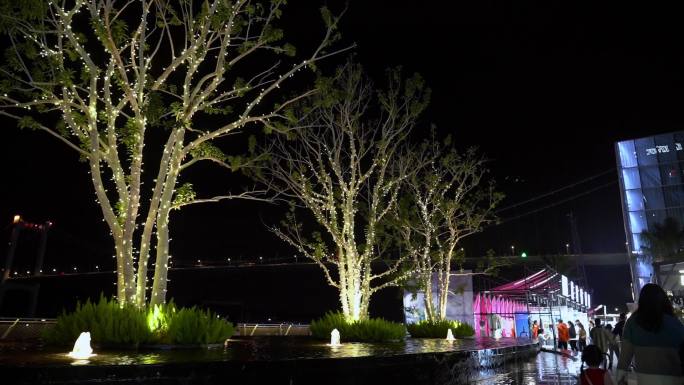 实拍高清夜景水池喷泉情侣发光的树路人酒店