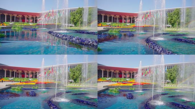 进博会2022南广场侧边上移带喷泉和彩虹