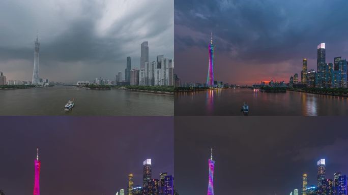 广州塔珠江新城闪电雷鸣风雨晚霞景象延时
