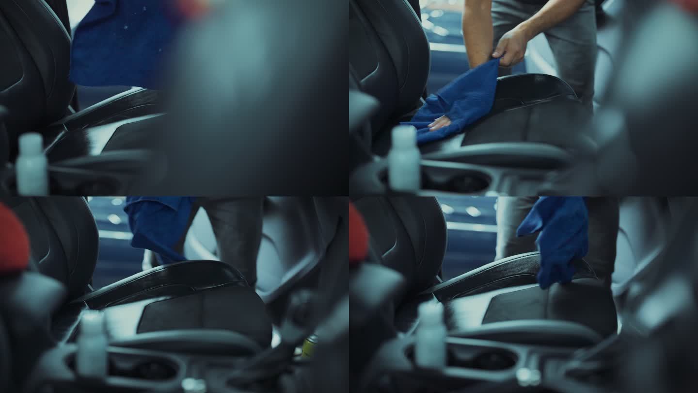 汽车细节服务在汽车细节清洁服务期间，一名年轻男子在清洁座椅内饰时使用细布进行深层内部清洁。