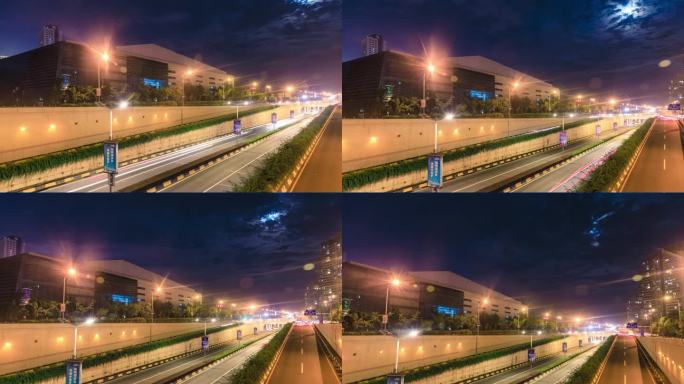 城里的月光夜景车流延时摄影短片