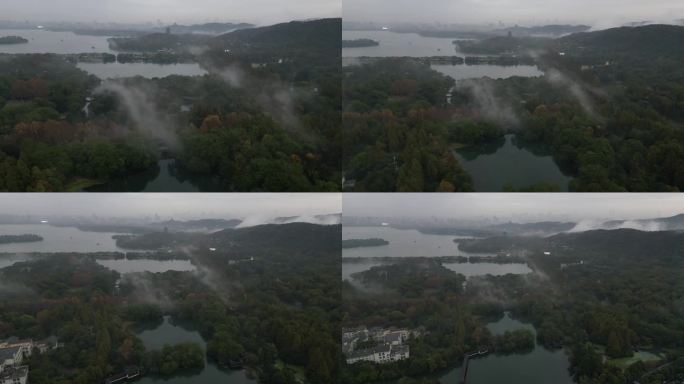 浙江杭州西湖 浴鹄湾全景雨后晨雾空镜航拍