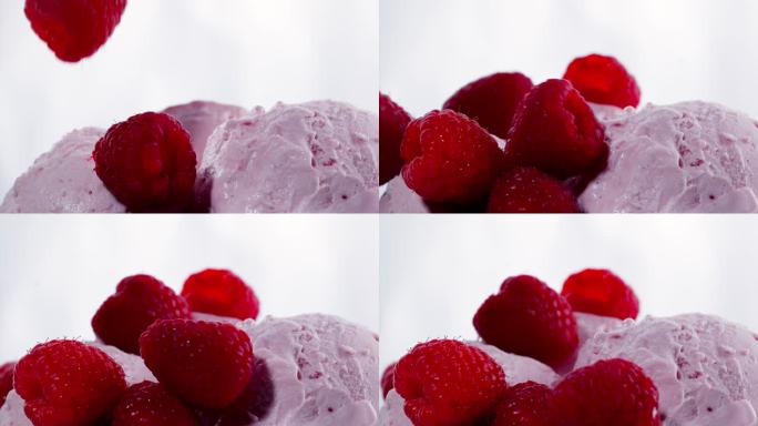 树莓冰淇淋与新鲜树莓超级慢动作