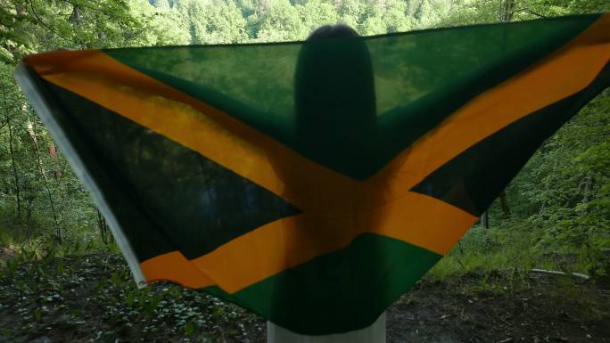 一位女士站在一座风景优美的小山上，向人们展示牙买加国旗