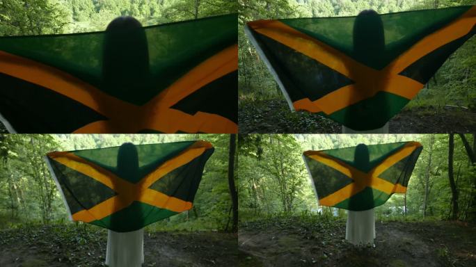 一位女士站在一座风景优美的小山上，向人们展示牙买加国旗