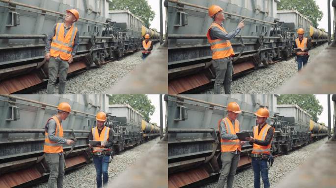 亚洲工程人员戴着头盔和制服在火车站上检查火车。工头和两名男性专家工程师在检查货运列车时互相咨询。