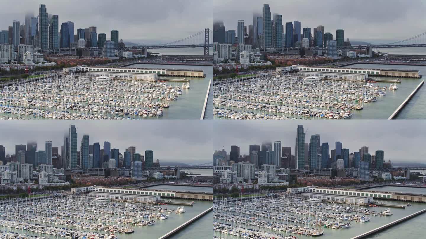 旧金山南海滩航拍旧金山城市俯瞰港口游艇天