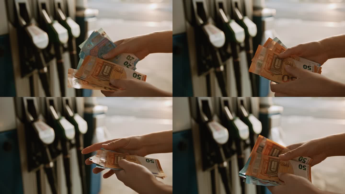 SLO MO在加油站数欧元钞票的不知名女子