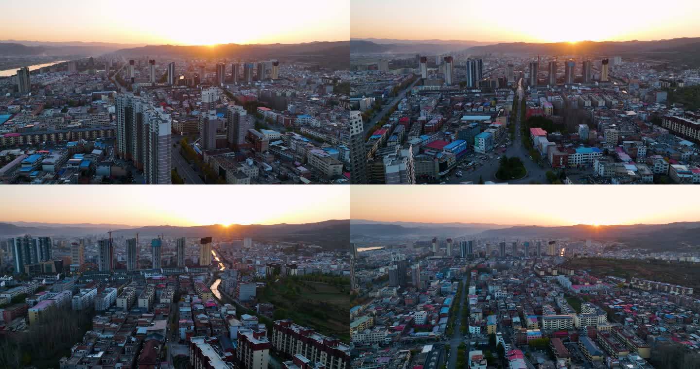 卢氏县城日落航拍空镜2