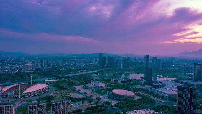 义乌城市地标梅湖朝霞风光航拍延时