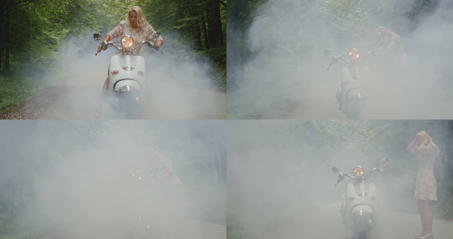 远景：一名女子在森林中摩托车抛锚