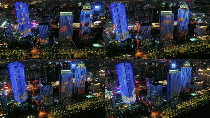4K航拍海南省海口市滨海大道高楼群灯光秀