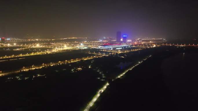 航拍扬州万福大桥扬州东站夜景